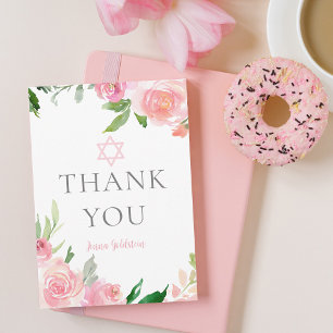 Elegant Bat Mitzvah Party Personalised Pink Floral Thank You Card