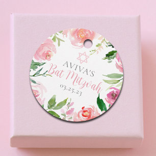 Elegant Bat Mitzvah Personalized Pink Floral Party Favour Tags