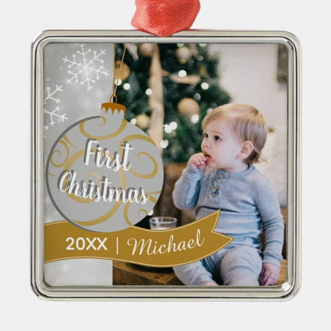 Elegant Bauble Baby's First Christmas Photo Metal Tree Decoration (Front)