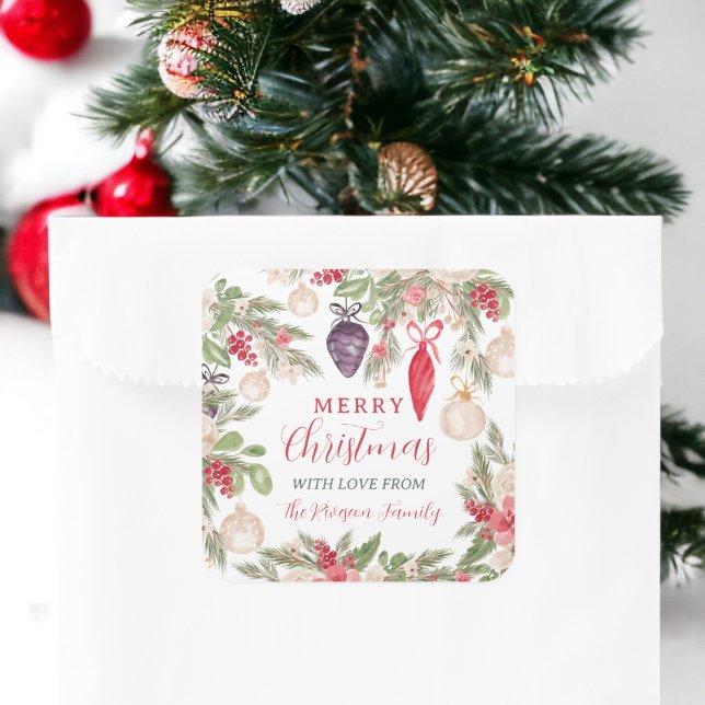 Elegant bauble pine floral watercolor Christmas Square Sticker (Elegant bauble pine floral watercolor Christmas Square Sticker)