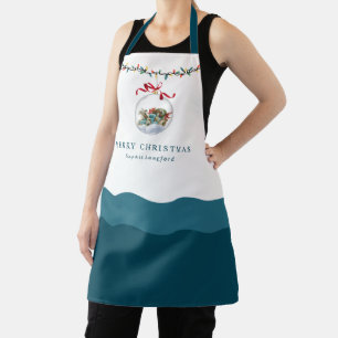 Elegant Bauble Red Bow Merry Christmas Teal Apron