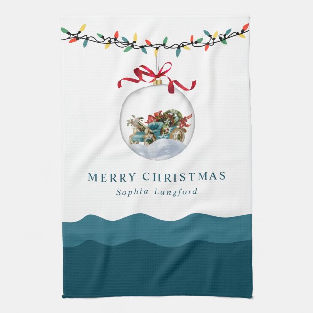 Elegant Bauble Red Bow Merry Christmas Teal Tea Towel (Vertical)