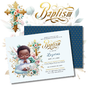 Elegant BAUTIZO Black Baby Turquoise Gold Floral Invitation