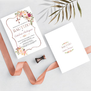 Elegant Bautizo Con Flores Rose Gold Girl Baptism Invitation