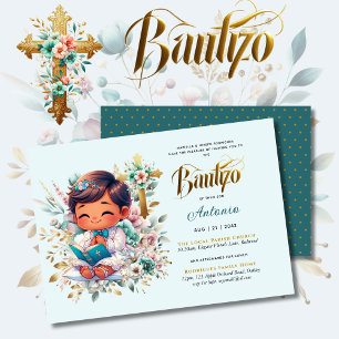 Elegant BAUTIZO Turquoise Gold Floral Cross Invitation