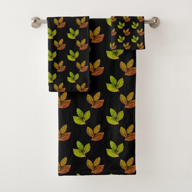 Elegant Bay Leaves Garden on Black Bath Towel Set (Insitu)