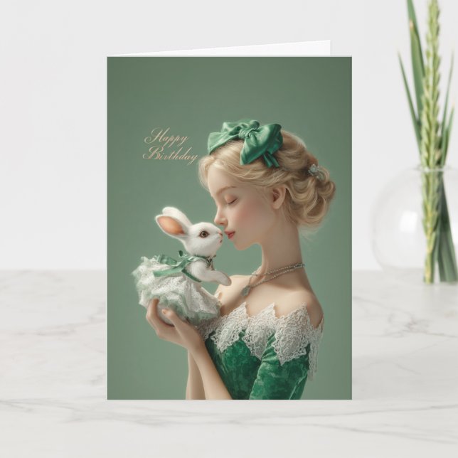 Elegant BDay Card with Lady & White Bunny in Lace (Front)