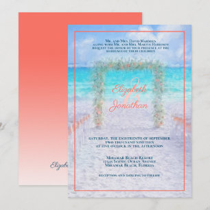 Elegant Beach Arbor Blue Coral Ombre Wedding Invitation