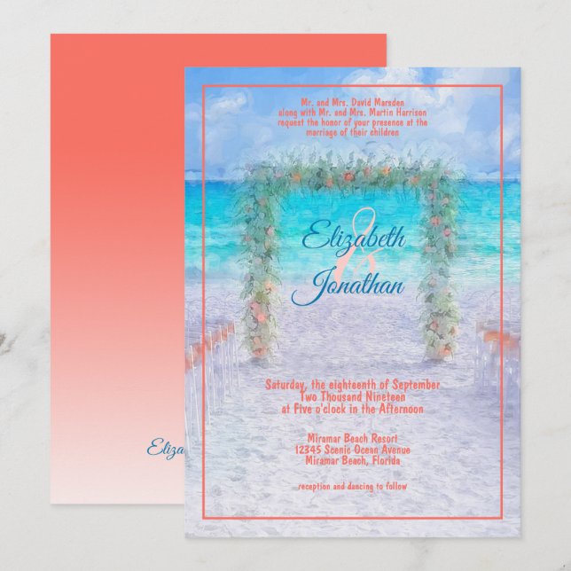 Elegant Beach Arbor Blue Coral Ombre Wedding Invitation (Front/Back)