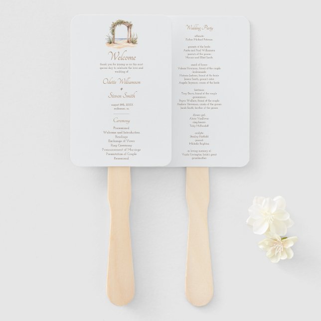 Elegant Beach Arch Minimalist Wedding Program Hand Fan (Front and Back)