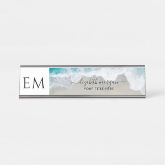 Elegant Beach Blue Green Monogram Professional Desk Name Plate