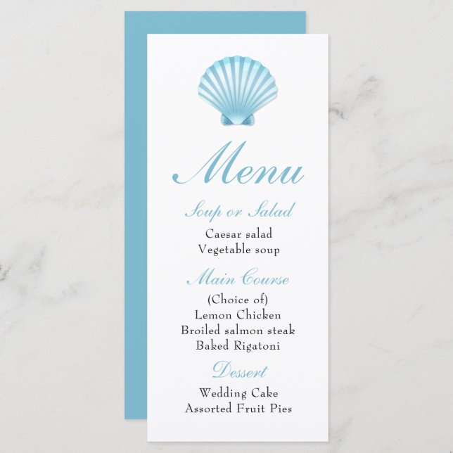 Elegant Beach Blue Nautical Seashell Wedding Menu (Front/Back)