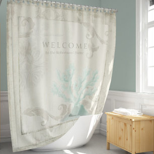 Elegant Beach Cottage Seashells Aqua Blue Coral Shower Curtain