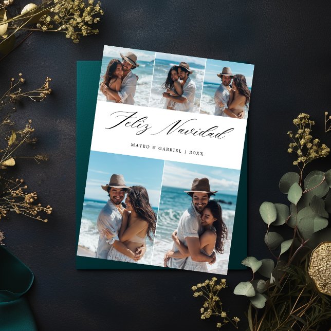 Elegant Beach Couple 5 Photo Feliz Navidad Holiday Card (Creator Uploaded)
