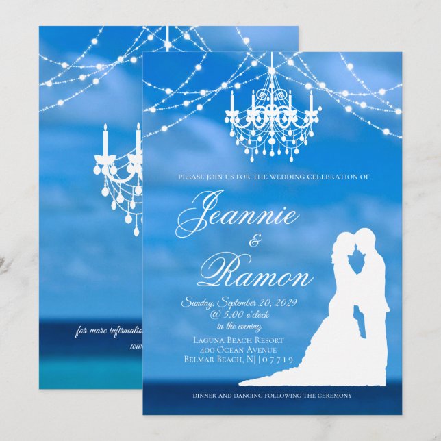 Elegant Beach, Couple & Chandelier Summer Wedding Invitation (Front/Back)