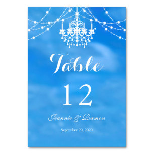 Elegant Beach, Couple & Chandelier Summer Wedding Table Number