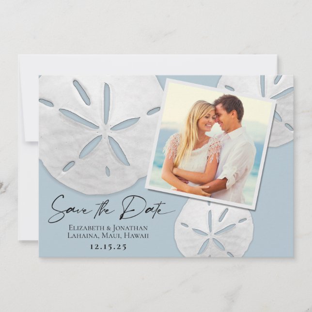 Elegant Beach Dusty Blue White Sand Dollars Photo  Save The Date (Front)
