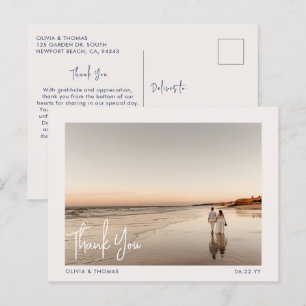 Elegant Beach Modern Wedding Photo Thank You Navy Postcard