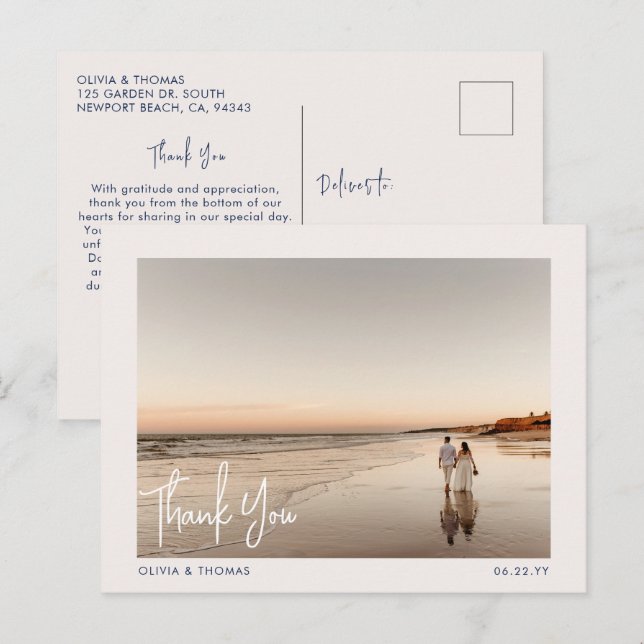 Elegant Beach Modern Wedding Photo Thank You Navy Postcard (Front/Back)