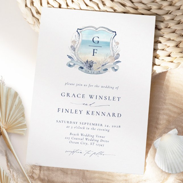 Elegant Beach Monogram Crest Wedding  Invitation (Creator Uploaded)