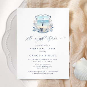 Elegant Beach Monogram Wedding Rehearsal Dinner Invitation
