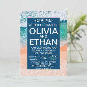 Elegant Beach Navy Blue Sea Waves Summer Wedding Invitation
