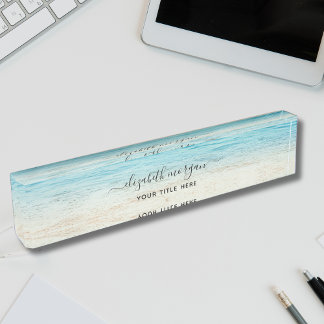 Elegant Beach Ocean Sea Script Blue Green Nameplate