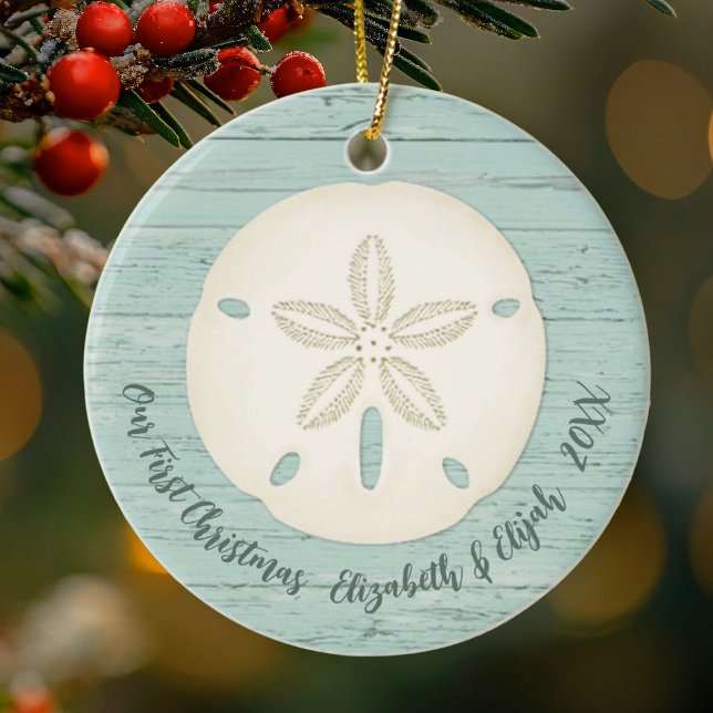 Elegant Beach Sand Dollar Photo First Christmas Ceramic Tree Decoration (An elegant sand dollar tropical beach 1st Christmas ornament. Add photo to the back.)