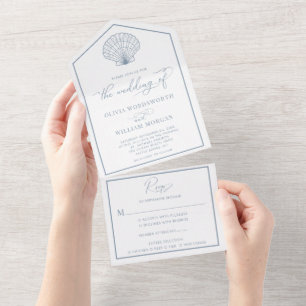 Elegant Beach Scallop Shell Wedding Dusty Blue All In One Invitation