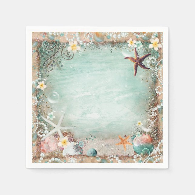 Elegant Beach Sea Starfish & Pearls Beachy Party Napkin (Front)