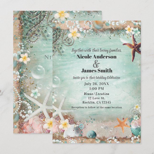 Elegant Beach Sea Starfish & Pearls Beachy Wedding Invitation (Front/Back)