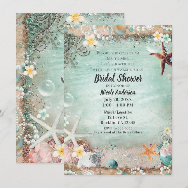 Elegant Beach Sea Starfish & Pearls Bridal Shower Invitation (Front/Back)