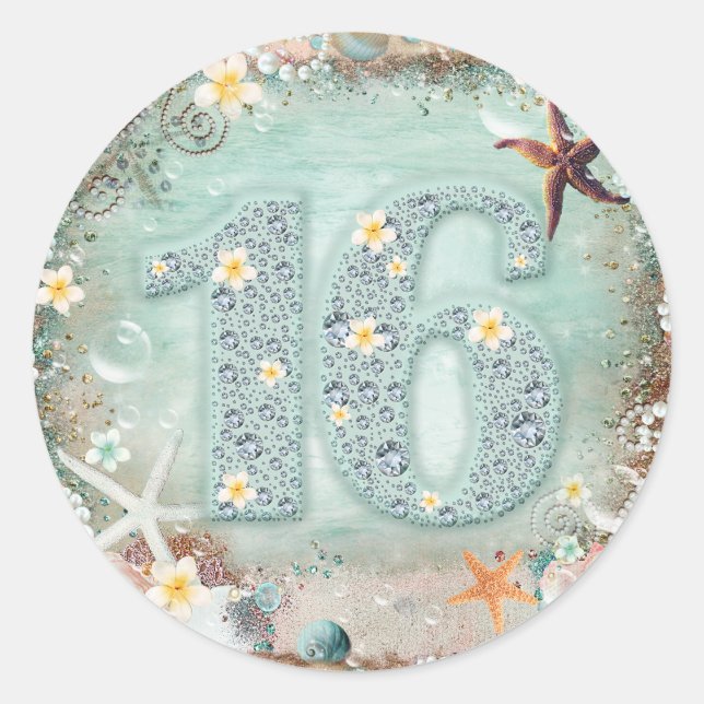Elegant Beach Sea Starfish & Pearls Diamond 16 Classic Round Sticker (Front)
