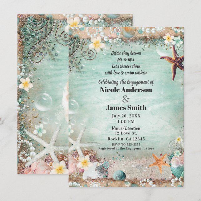 Elegant Beach Sea Starfish Pearls Engagement Photo Invitation (Front/Back)
