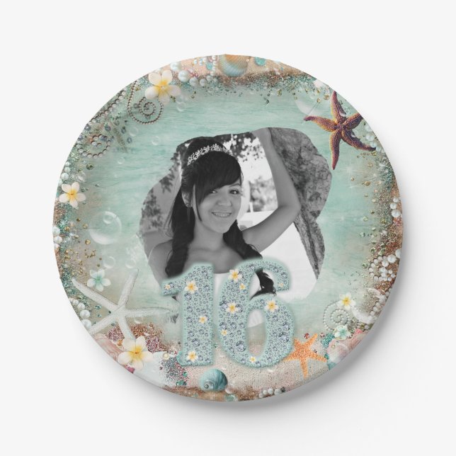 Elegant Beach Sea Starfish Pearls Party Photo 16 Paper Plate (Front)
