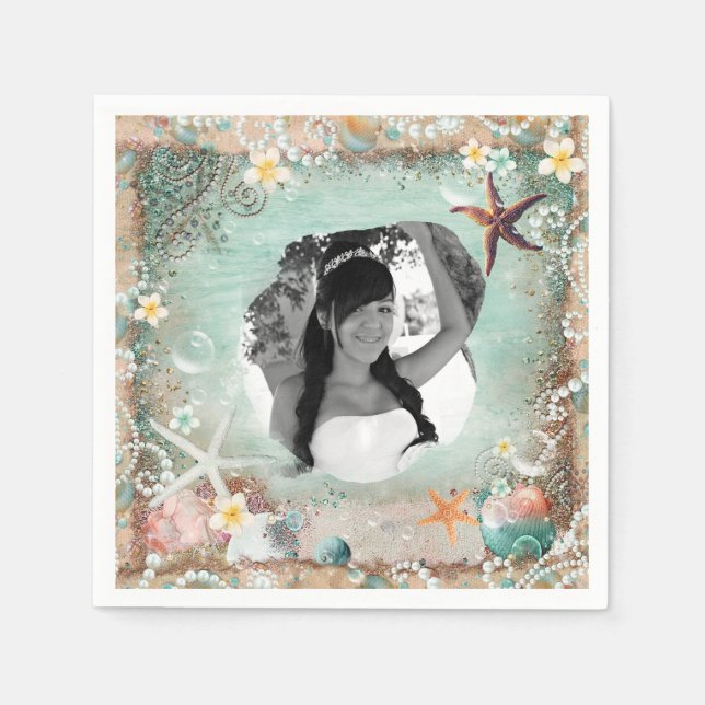 Elegant Beach Sea Starfish & Pearls Party Photo Napkin (Front)