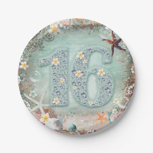 Elegant Beach Sea Starfish & Pearls Sweet 16 Party Paper Plate (Front)