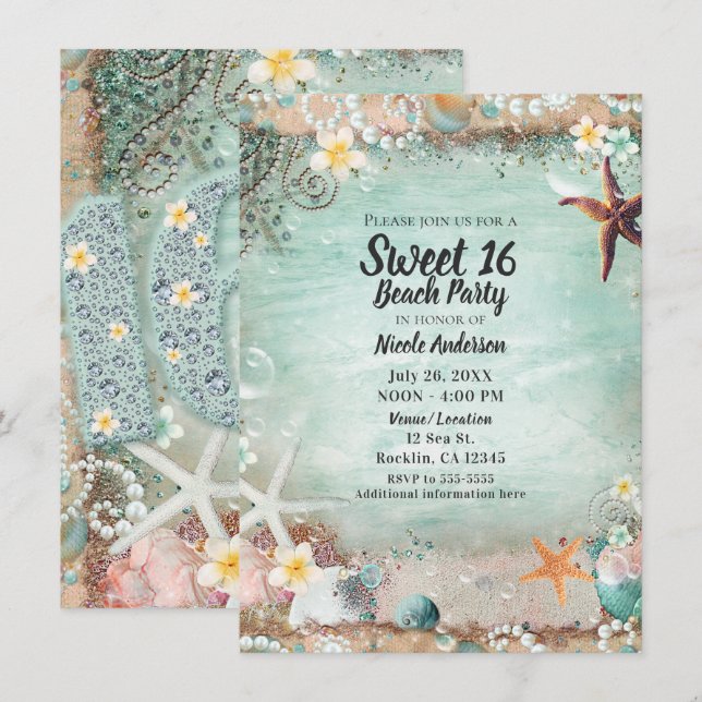 Elegant Beach Sea Starfish & Pearls Sweet 16 Photo Invitation (Front/Back)