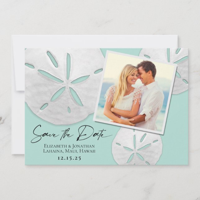 Elegant Beach Seafoam White Sand Dollars Photo Save The Date (Front)
