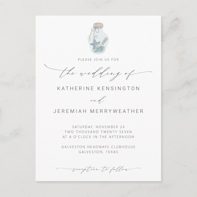 Elegant Beach Seashell Modern Calligraphy Wedding Invitation Postcard (Front)