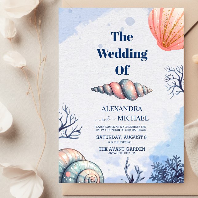 Elegant Beach Seashell Modern Script Wedding Invitation (Creator Uploaded)