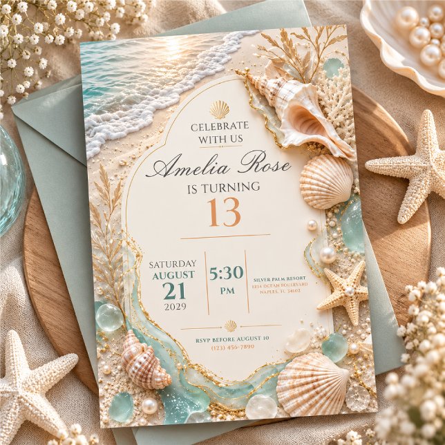 Elegant Beach Shell 13th Birthday Invitation (Creator Uploaded)