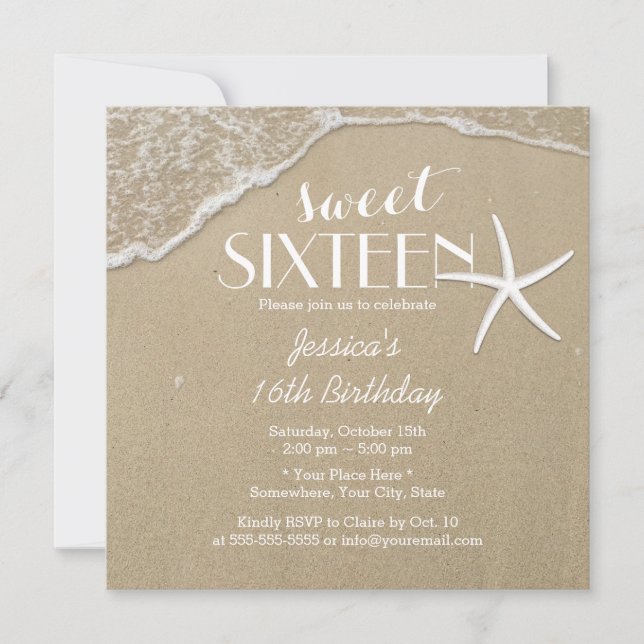 Elegant Beach & Starfish Sweet Sixteen Invitation (Front)