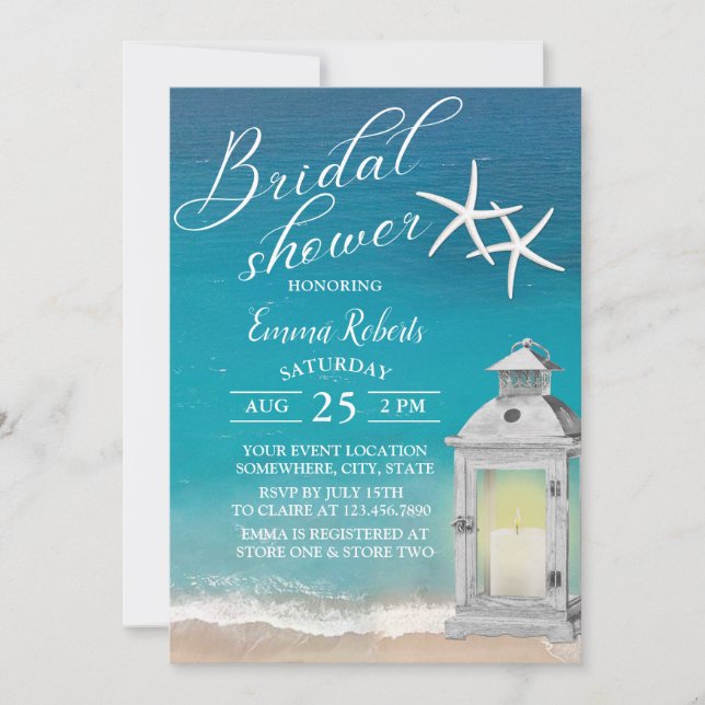 Elegant Beach Starfish White Lantern Bridal Shower Invitation (Front)