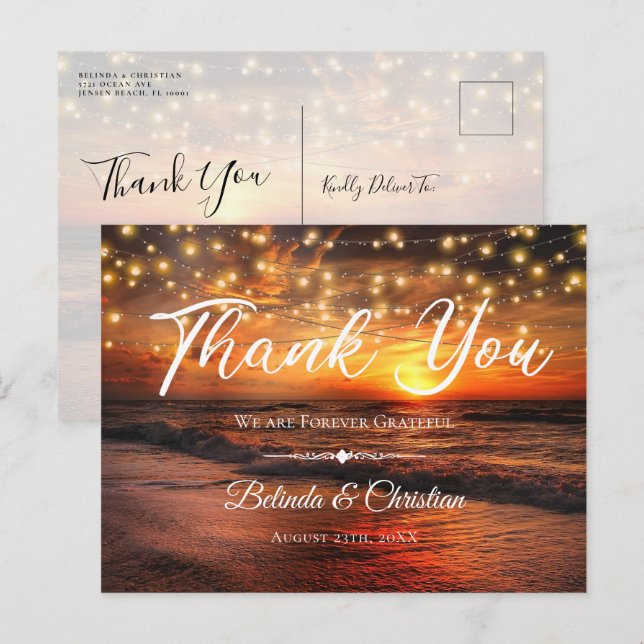 Elegant Beach String Lights Summer Thank You Postcard (Front/Back)