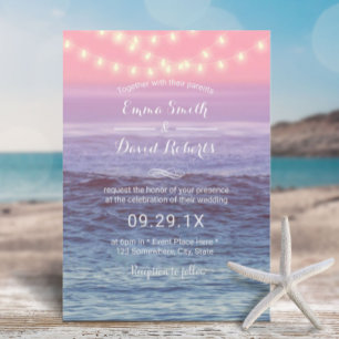 Elegant Beach String Lights Tropical Wedding Invitation
