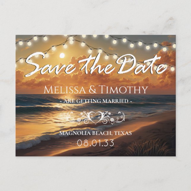 Elegant Beach Sunset Save the Date Announcement Po (Front)
