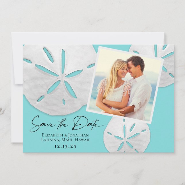 Elegant Beach Teal White Sand Dollars Photo Save The Date (Front)