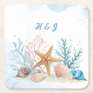 Elegant Beach-themed Coastal Wedding Square Paper Coaster