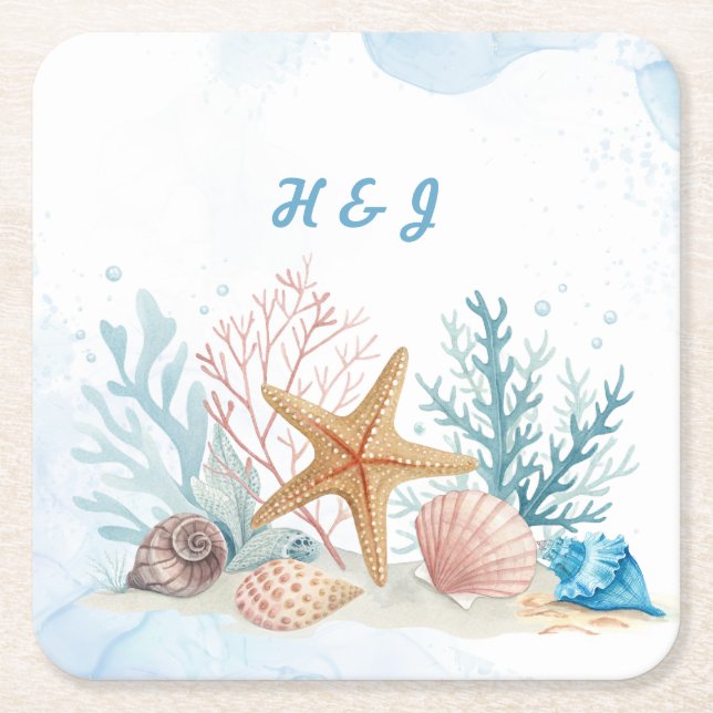 Elegant Beach-themed Coastal Wedding Square Paper Coaster (Front)